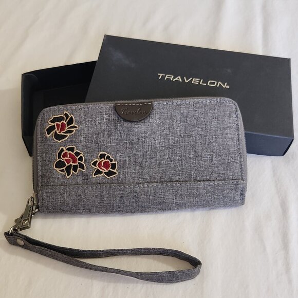 Travelon Women Gray Floral Embroidered Zip Round Safe ID Wallet/Wristlet Travel - Picture 1 of 14